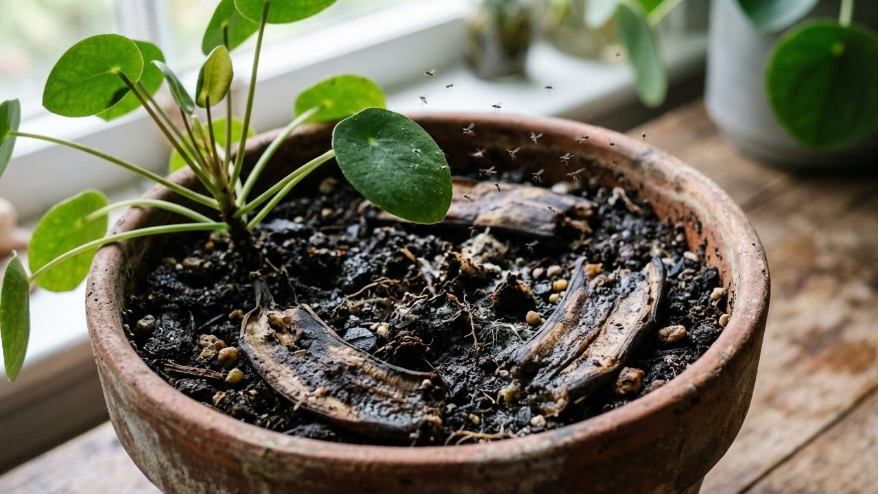 Homem enterra cascas de banana diretamente no vaso acreditando estar fornecendo adubo natural, começa a sentir um cheiro estranho dias depois e encontra mosquitinhos rondando a ter
