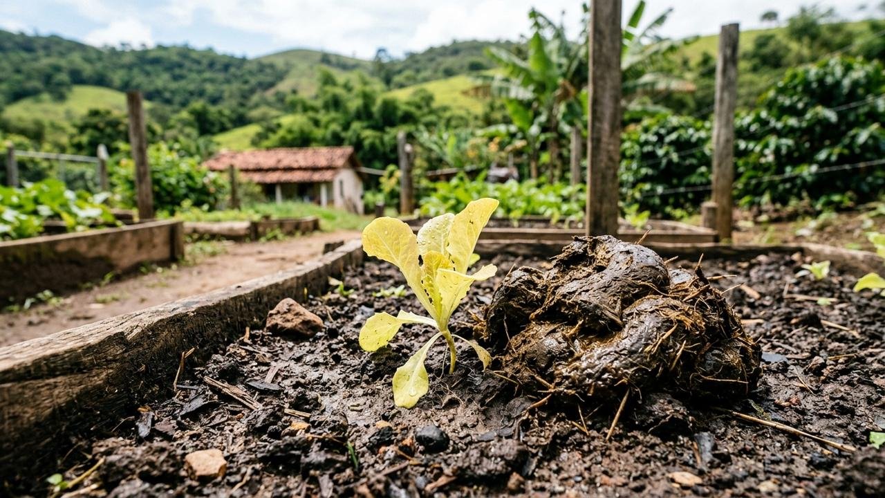 Moradora coloca esterco recém-retirado do curral diretamente na horta acreditando estar fazendo um adubo mais forte, vê as mudas começarem a sofrer e descobre por que o material pr