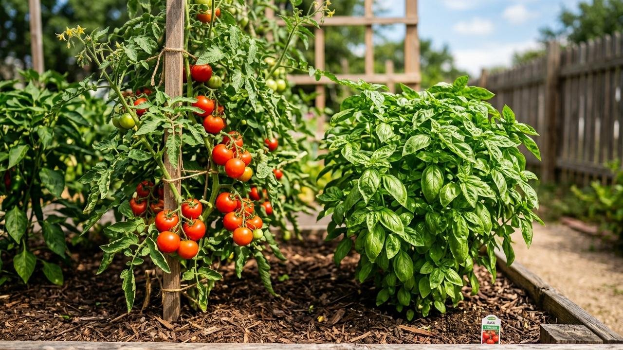 Moradora planta manjericão ao lado do tomateiro na primeira horta orgânica da casa e descobre por que plantas companheiras ganharam tanto espaço entre quem cultiva em pequenos cant