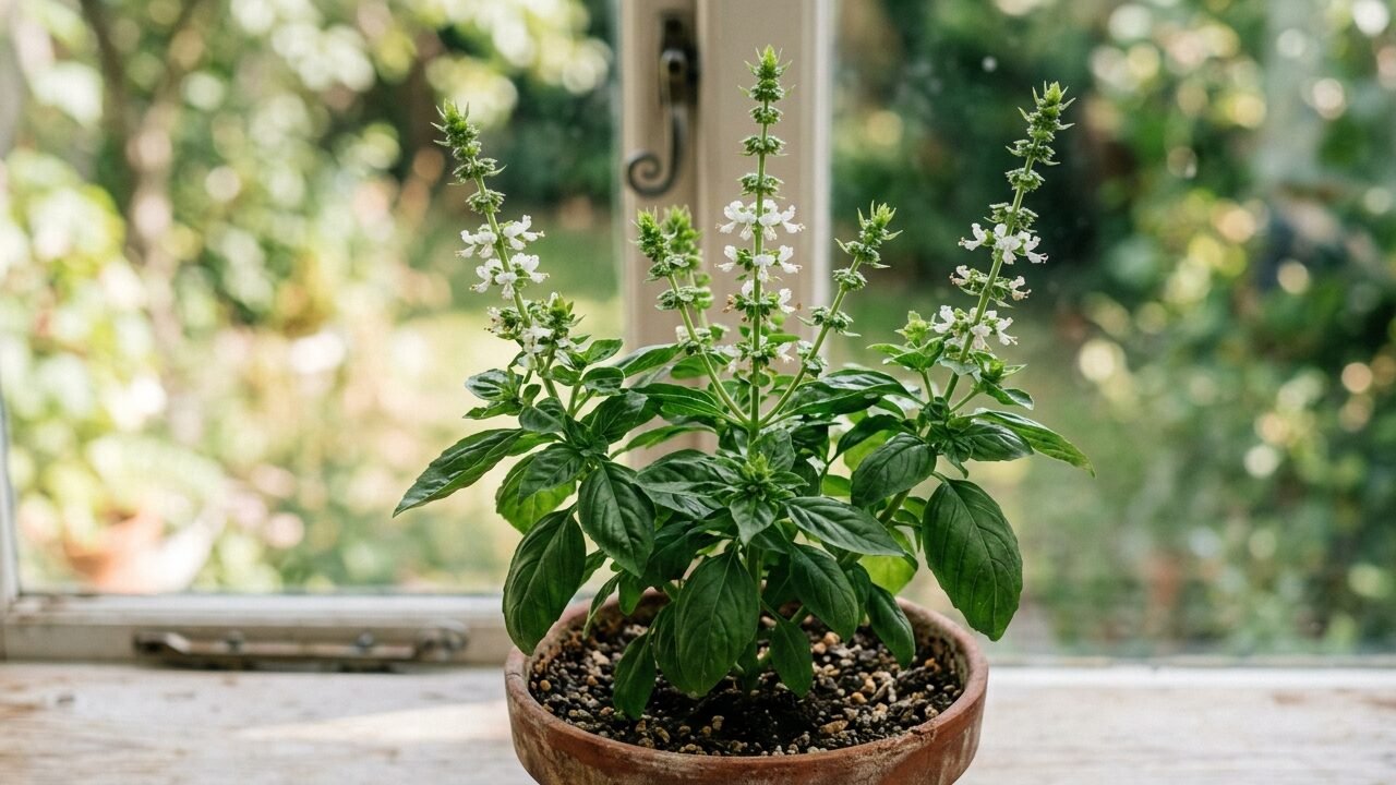 Moradora vê o manjericão começar a produzir flores na chegada dos dias quentes, deixa a planta florescer por achar bonito e semanas depois percebe que as folhas ficaram menores e d