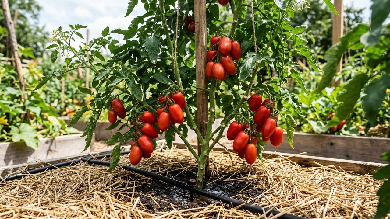 Mulher passa vários dias sem regar os tomateiros, molha profundamente a terra depois de um período seco e pouco tempo depois encontra vários tomates rachados ainda presos aos galho